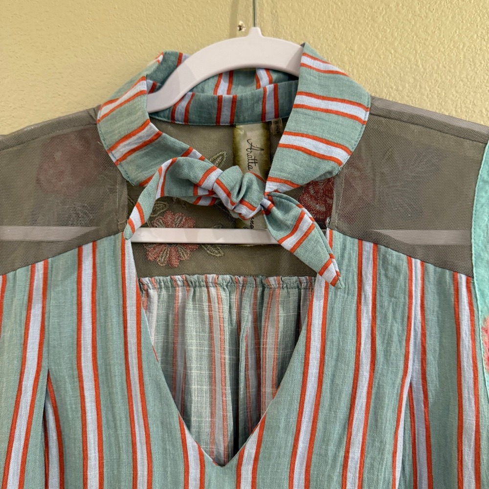 Aratta Silent Journey Top Womens XL Green Striped Embroidered Mesh Boho Blouse - Picture 5 of 16